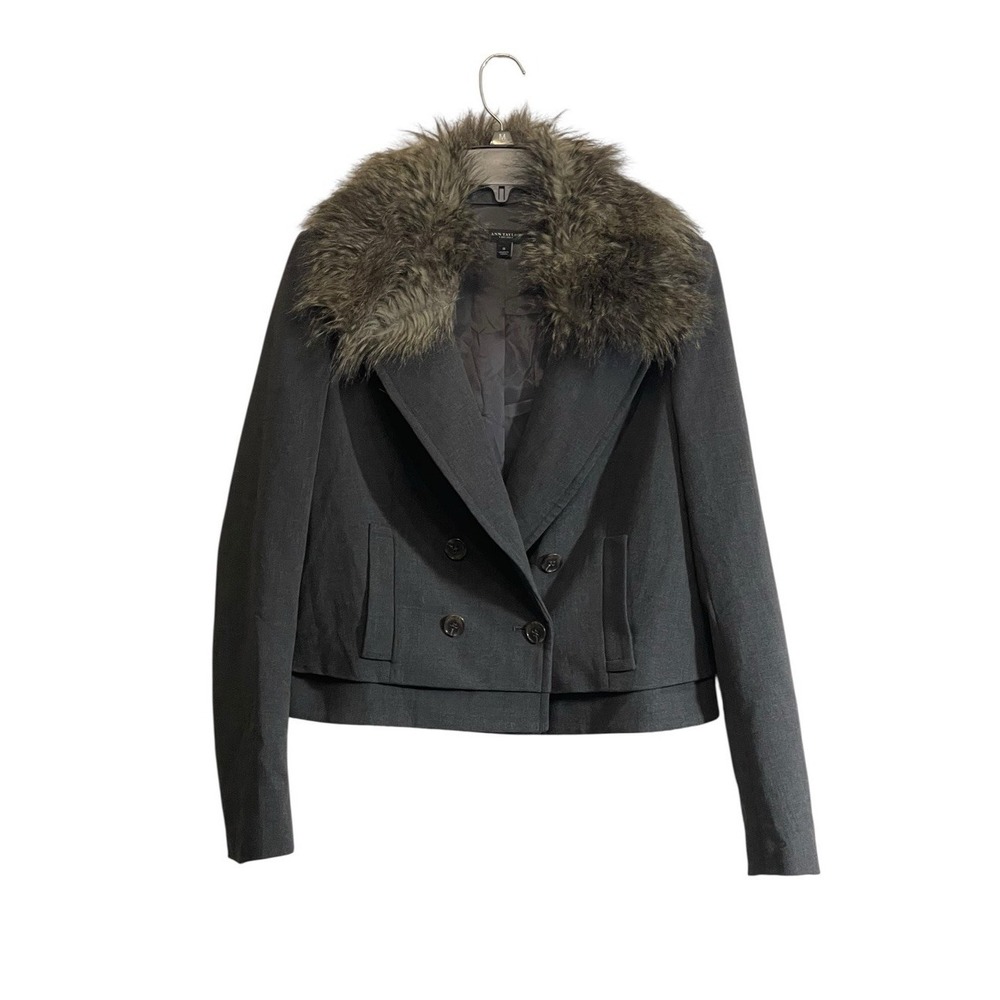 Ann Taylor Size 8 Blazer Jacket Double Breasted Gray Faux Fur Collar Old Money